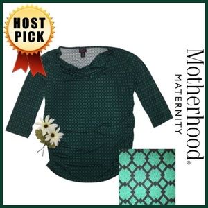 Geometric Print Motherhood Maternity Cowl Neck Top, Emerald Green Large